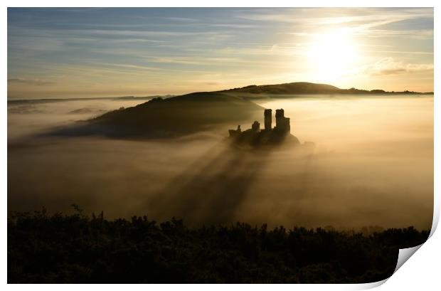 Corfe castle in the mist                     Print by Shaun Jacobs