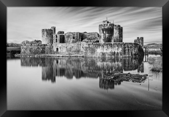 Caerphilly Castle Long Exposure 1 Mono Framed Print by Steve Purnell