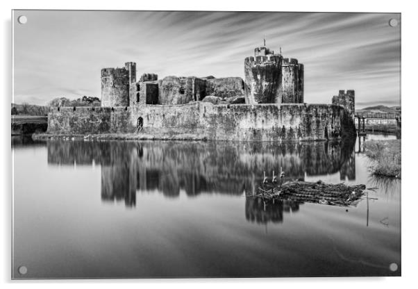 Caerphilly Castle Long Exposure 1 Mono Acrylic by Steve Purnell