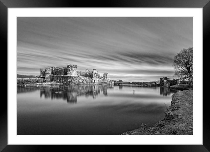 Caerphilly Castle Long Exposure 2 Mono Framed Mounted Print by Steve Purnell