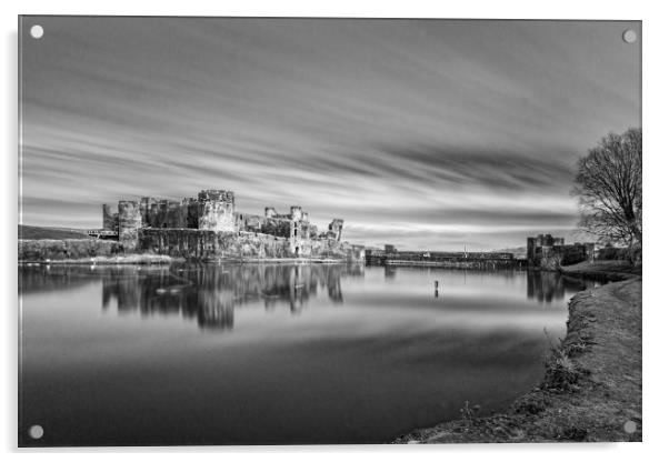 Caerphilly Castle Long Exposure 2 Mono Acrylic by Steve Purnell