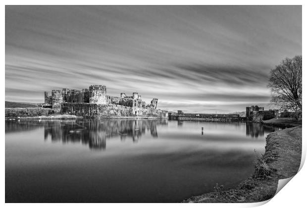 Caerphilly Castle Long Exposure 2 Mono Print by Steve Purnell