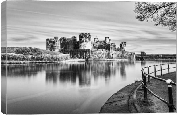 Caerphilly Castle Long Exposure 3 Mono Canvas Print by Steve Purnell