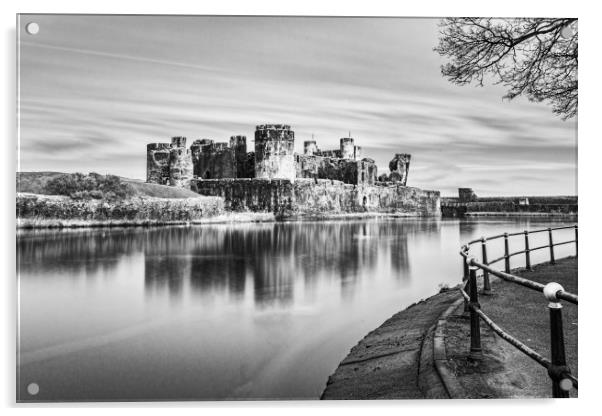 Caerphilly Castle Long Exposure 3 Mono Acrylic by Steve Purnell