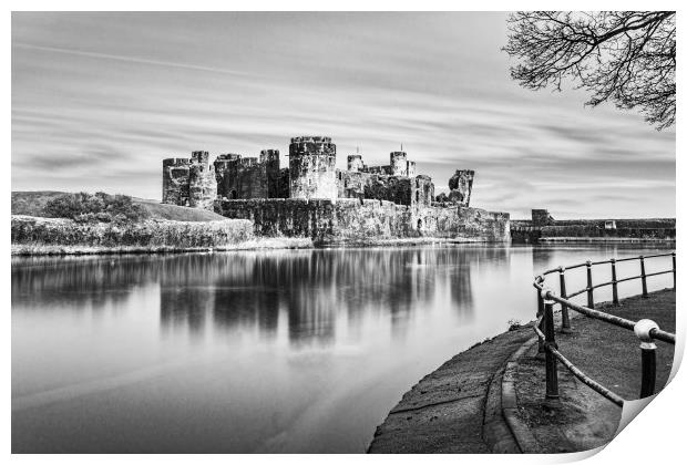 Caerphilly Castle Long Exposure 3 Mono Print by Steve Purnell