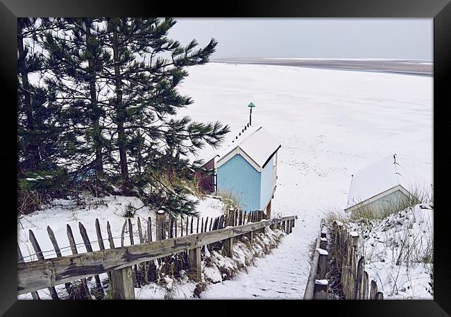 Steps and beach huts covered in snow. Wells-next-t Framed Print by Liam Grant