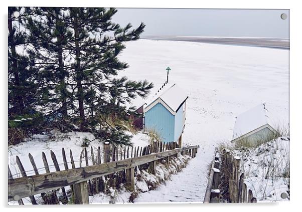 Steps and beach huts covered in snow. Wells-next-t Acrylic by Liam Grant