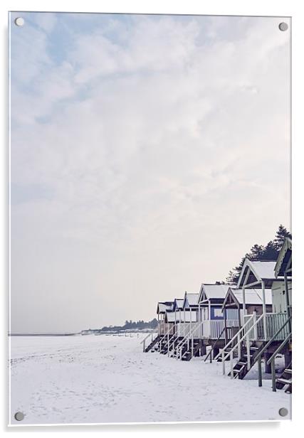 Beach huts covered in snow at low tide. Wells-next Acrylic by Liam Grant