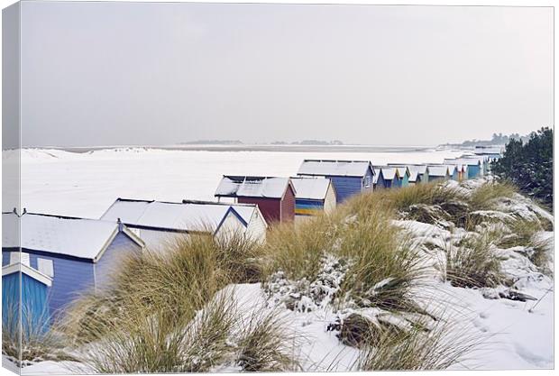 Beach huts and dunes covered in snow at low tide.  Canvas Print by Liam Grant