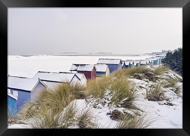Beach huts and dunes covered in snow at low tide.  Framed Print by Liam Grant