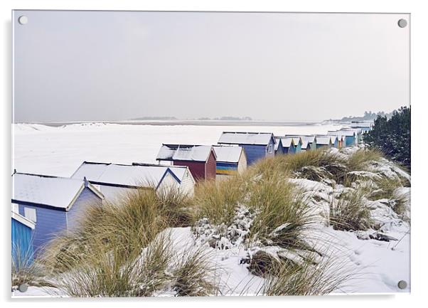 Beach huts and dunes covered in snow at low tide.  Acrylic by Liam Grant