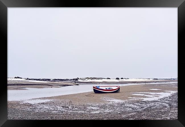 Boats and snow at low tide. Burnham Overy Staithe, Framed Print by Liam Grant