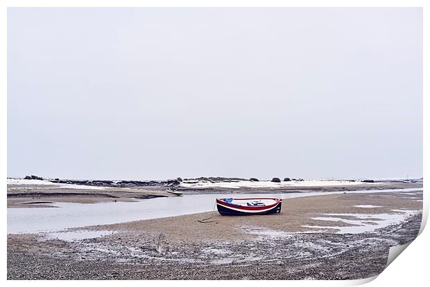 Boats and snow at low tide. Burnham Overy Staithe, Print by Liam Grant