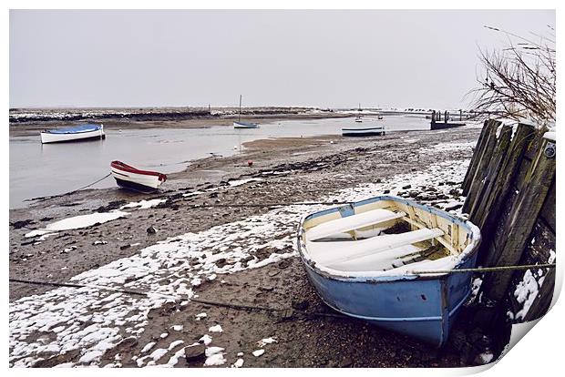 Boats and snow at low tide. Burnham Overy Staithe, Print by Liam Grant