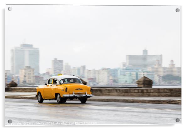 Yellow taxi hurtling down the Malecon Acrylic by Jason Wells