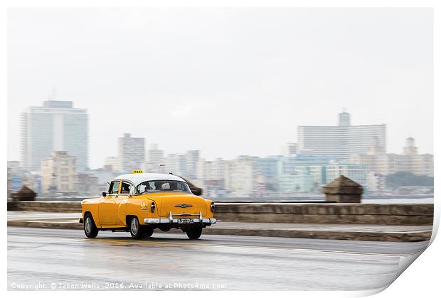 Yellow taxi hurtling down the Malecon Print by Jason Wells
