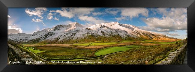 Nant Ffrancon Pass Winter Panorama Framed Print by Adrian Evans