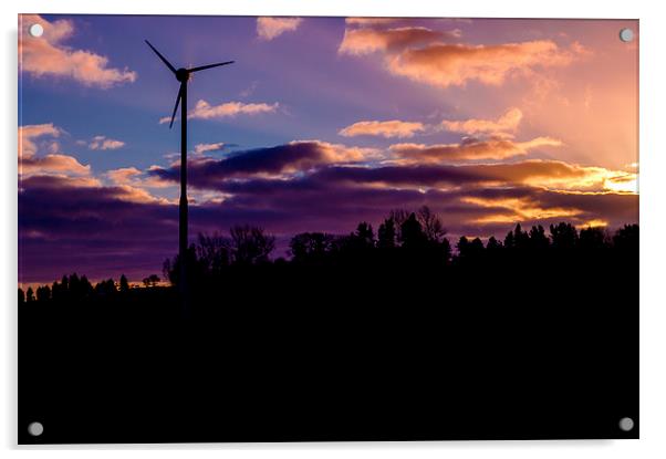 small wind turbine in silhouette at sunrise Acrylic by craig baggaley