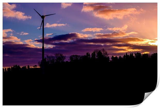 small wind turbine in silhouette at sunrise Print by craig baggaley
