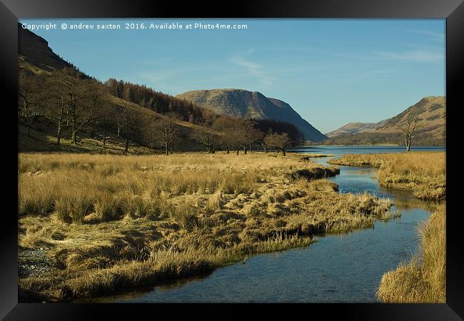 FLOWING INTO THE LAKE Framed Print by andrew saxton