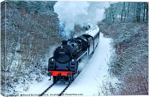 Steam locomotive 73129 In Snow Canvas Print by David Birchall