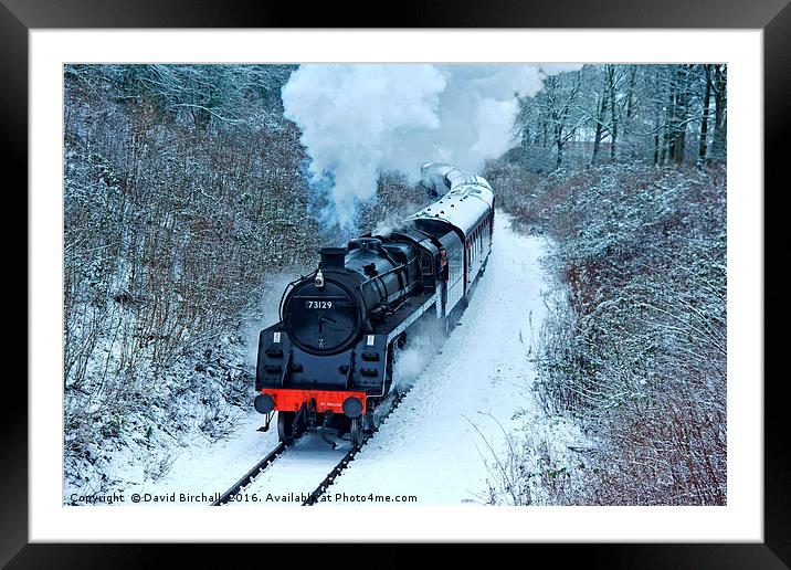 Steam locomotive 73129 In Snow Framed Mounted Print by David Birchall