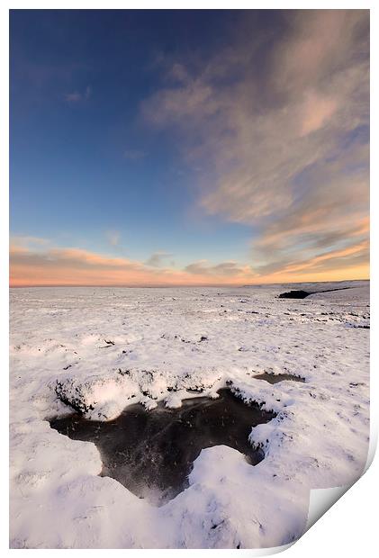 Icy pool on the snowy moors at dusk Print by Andrew Kearton