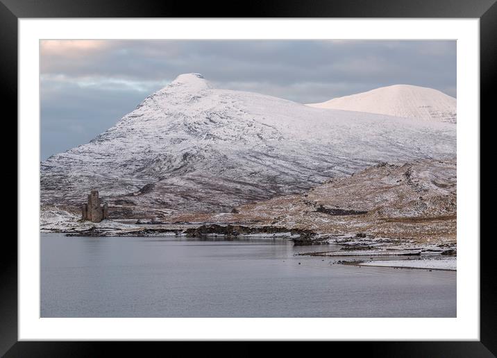 Ardvreck Castle and Quinag in Winter Framed Mounted Print by Derek Beattie