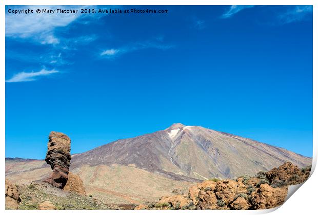 Rock sculpture and Mount Teide, Tenerife Print by Mary Fletcher