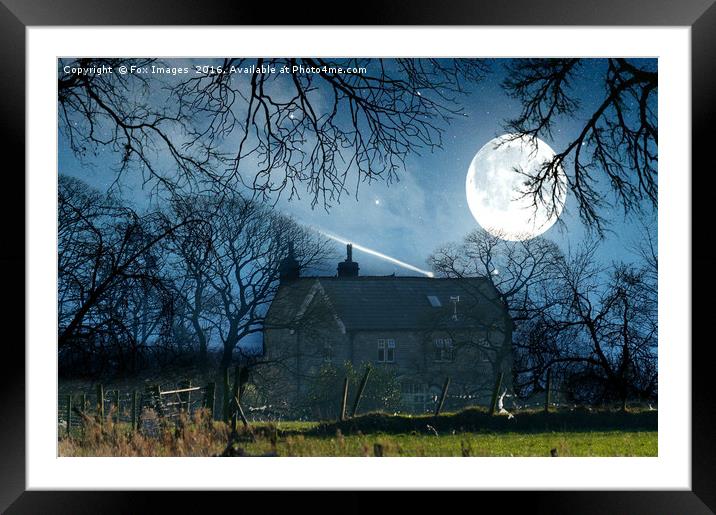 farmhouse and moonlight Framed Mounted Print by Derrick Fox Lomax