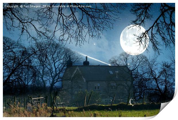 farmhouse and moonlight Print by Derrick Fox Lomax