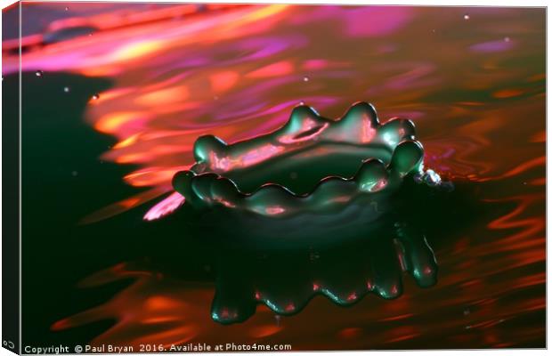Green Water Splash on Red Water Canvas Print by Paul Bryan