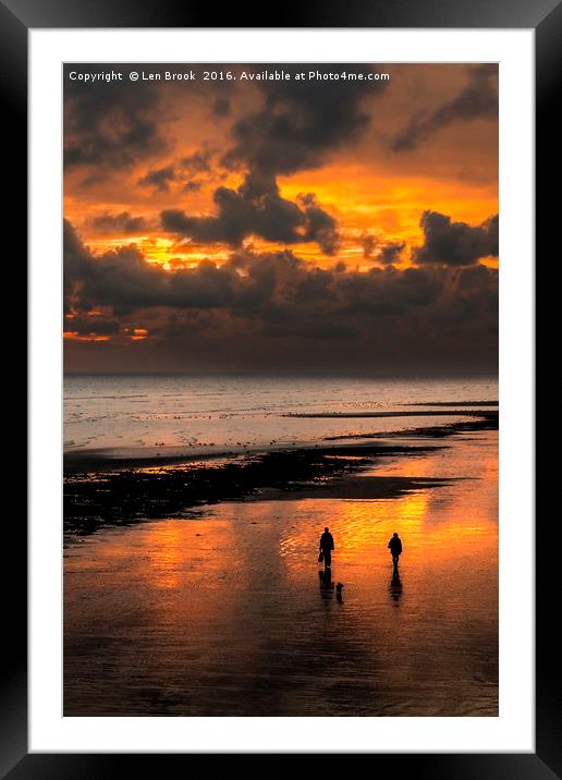 Sunset walkers on Worthing Beach Framed Mounted Print by Len Brook