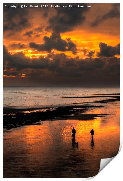 Sunset walkers on Worthing Beach Print by Len Brook