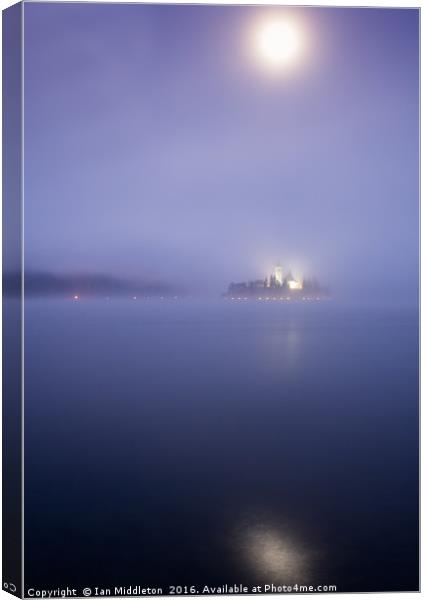 Blue moon over Lake Bled Canvas Print by Ian Middleton