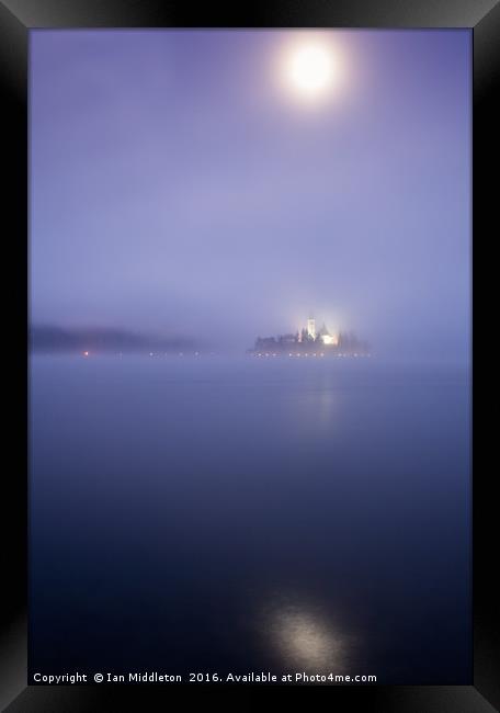 Blue moon over Lake Bled Framed Print by Ian Middleton