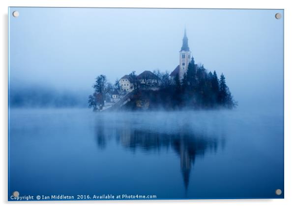 Misty Lake Bled Acrylic by Ian Middleton
