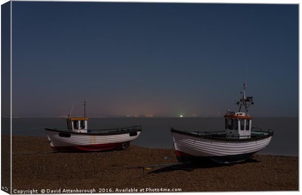 Dungeness Fishing Boats At Night Under Moonlight Canvas Print by David Attenborough