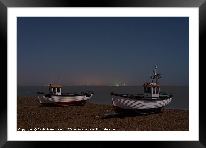 Dungeness Fishing Boats At Night Under Moonlight Framed Mounted Print by David Attenborough