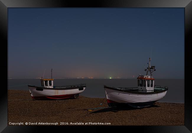 Dungeness Fishing Boats At Night Under Moonlight Framed Print by David Attenborough