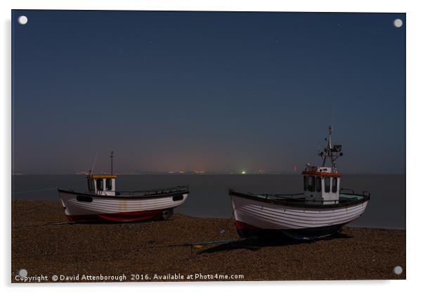 Dungeness Fishing Boats At Night Under Moonlight Acrylic by David Attenborough