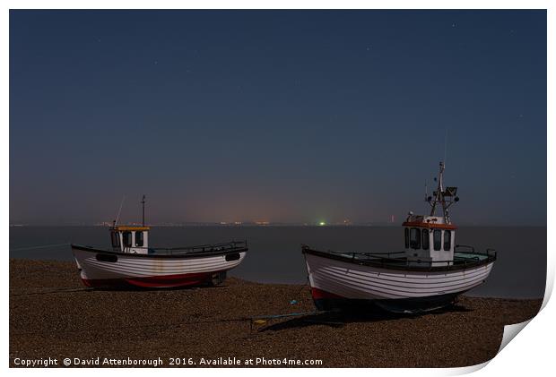 Dungeness Fishing Boats At Night Under Moonlight Print by David Attenborough