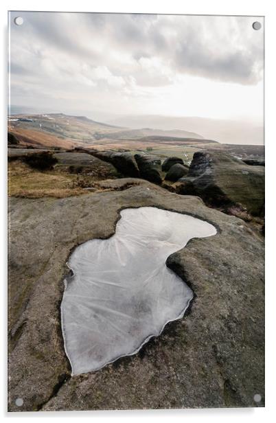 Frozen puddle on Stanage Edge at sunset. Derbyshir Acrylic by Liam Grant