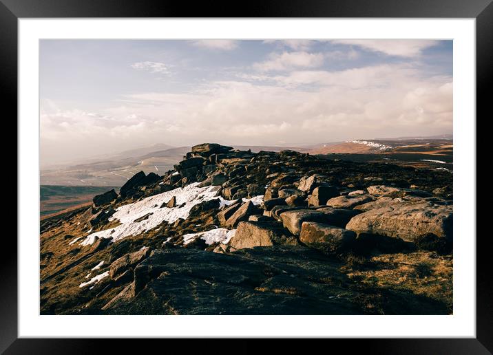 Snow on Stanage Edge at sunset. Derbyshire, UK. Framed Mounted Print by Liam Grant