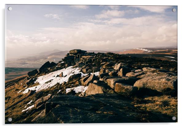 Snow on Stanage Edge at sunset. Derbyshire, UK. Acrylic by Liam Grant