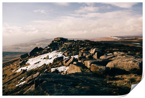 Snow on Stanage Edge at sunset. Derbyshire, UK. Print by Liam Grant