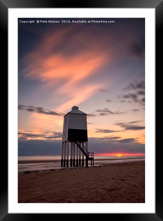 Burnham on Sea Lighthouse at sunset Framed Mounted Print by Pete Watson