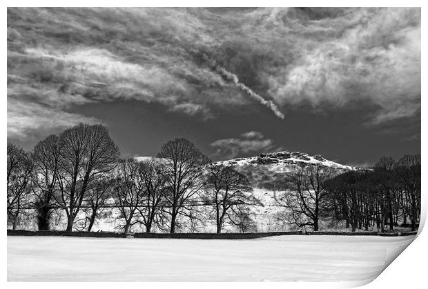 Bamford Edge in Winter, Mono Version Print by Darren Galpin