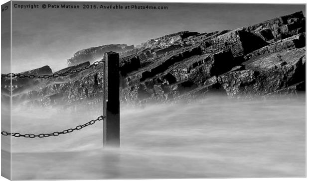 Coastal Rocks and Fence Post Canvas Print by Pete Watson