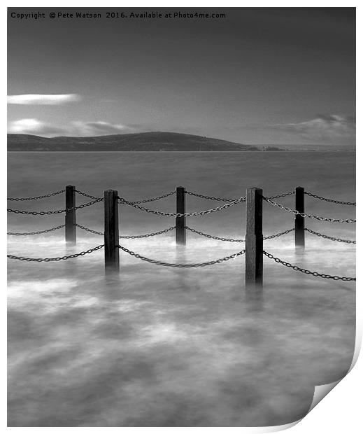 Waves and safety fence on the causeway Print by Pete Watson